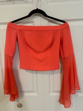 bebe Coral Off-Shoulder Bell Sleeve Crop Top